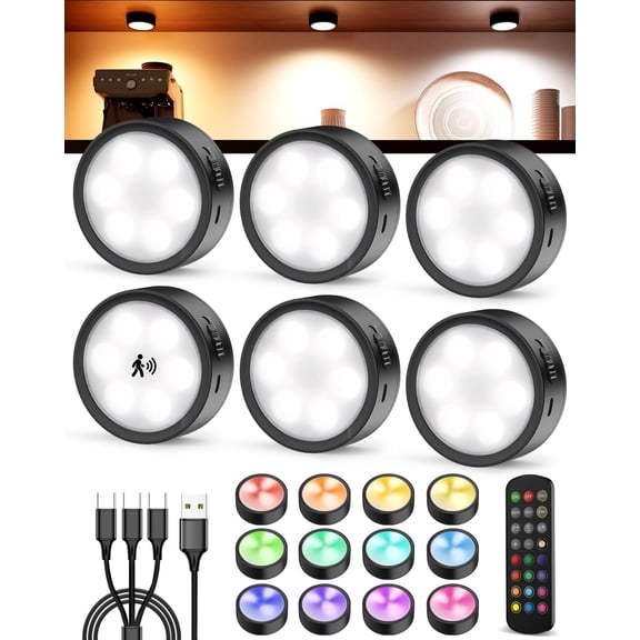 2400mAh Rechargeable Puck Lights with Remote, Radar Motion Sensor Under Cabinet Lighting Wireless, LED RGB Color Changing Magnetic Stick On Closet Tap Night Light Push for Kitchen Counter Stairs
