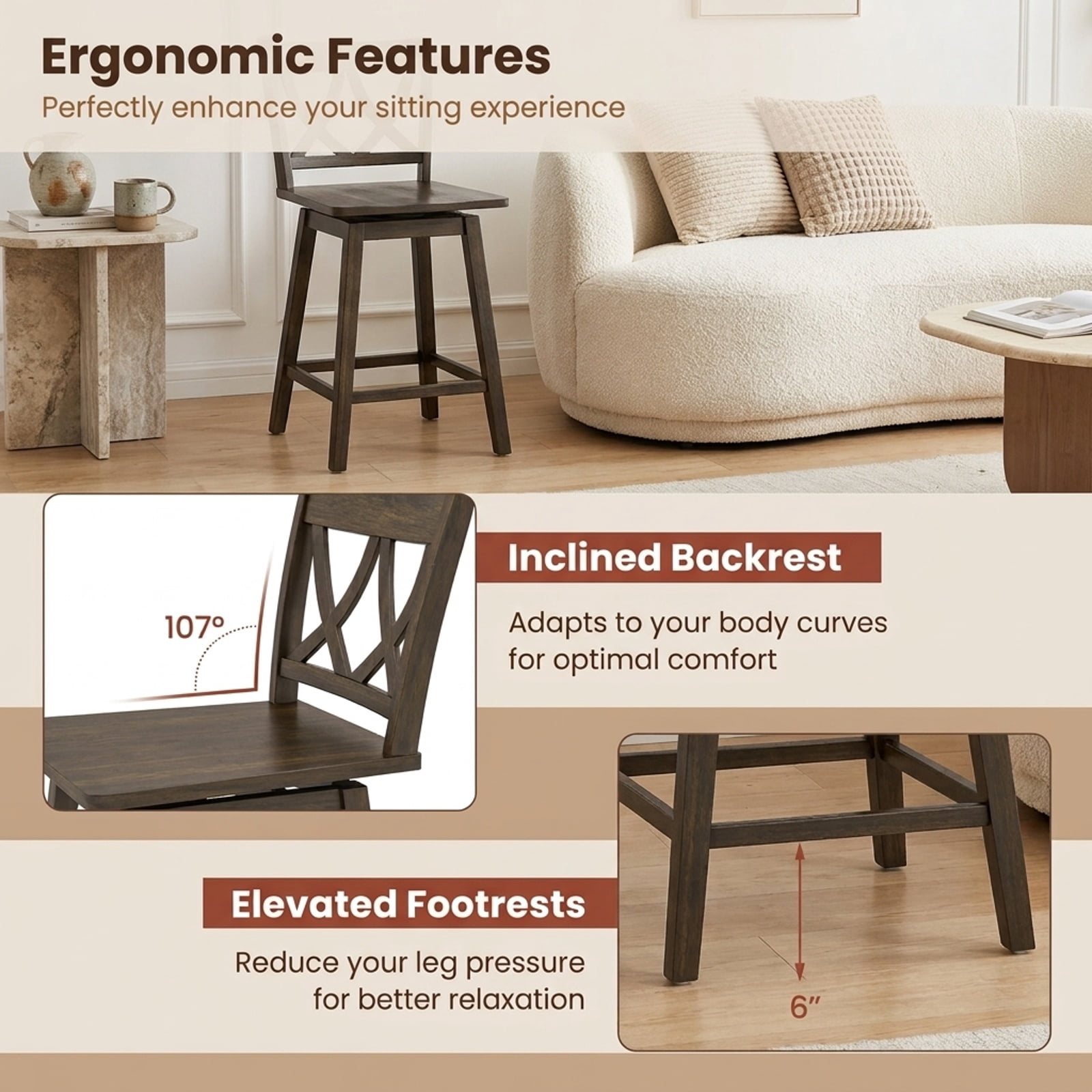 Furnibear 24/29 Inch Bar Stool Set of 2 Wooden Bar Chairs with Rubber Wood Frame-24 inches for Kitchen Island Counter Bar Pub Dining Home, Gray