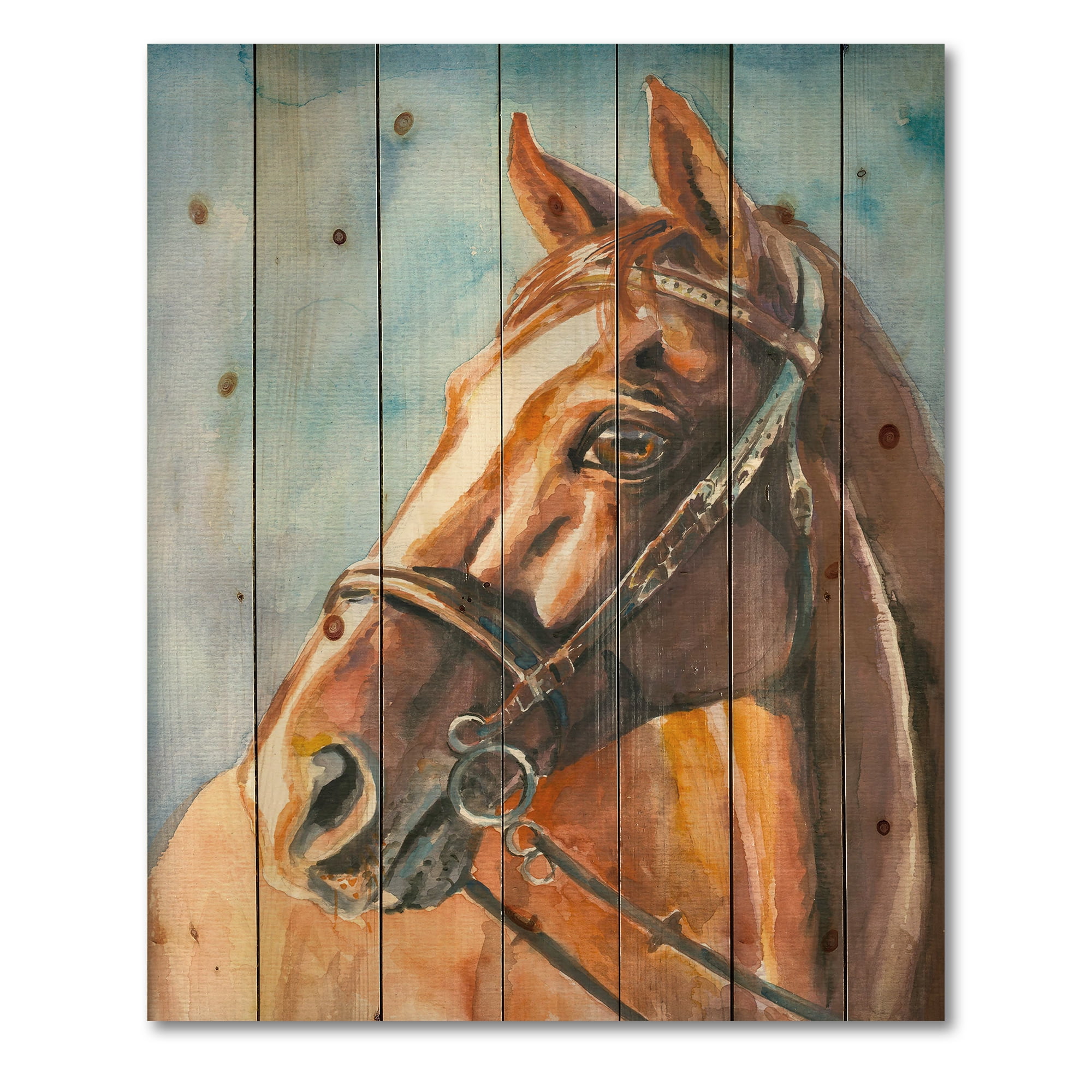 Designart 'Close Up Portrait of A Brown Horse' Farmhouse Print on Natural Pine Wood