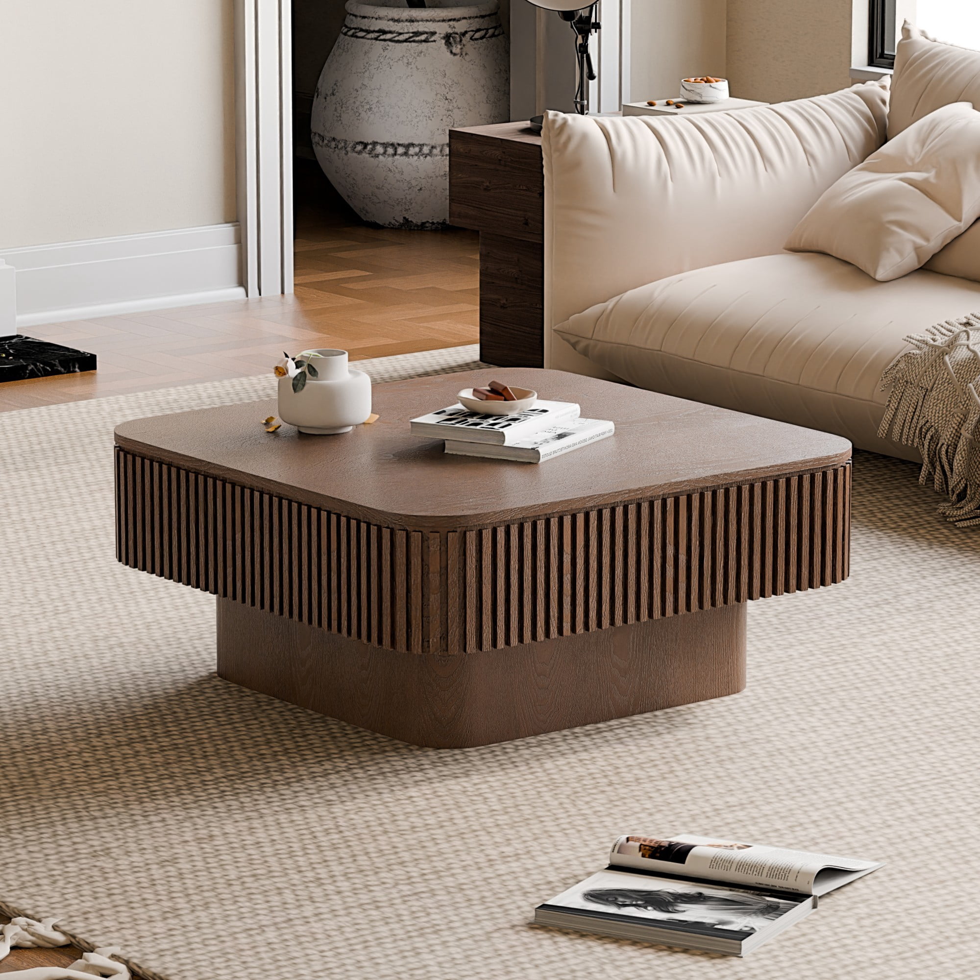 31.5" Square Coffee Table with Storage, Modern Fluted Coffee Table with Hidden Compartment, Wood Veneer Center Table for Living Room, Walnut