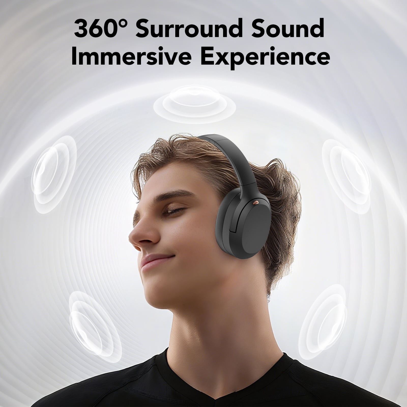 Active Noise Cancelling Headphones, -45dB Bluetooth Headphones 5.4, 50H Playtime Earbuds, Bass Boosted by 90%, Clear Call with 4 Mics, Comfort Fit Over Ear Headphones for Travel Home Office PC Black