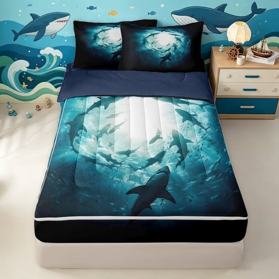Manfei Underwater Shark Zipper Twin Comforter Sets with Fitted Sheet and 2 Pillowcases, Deep Ocean Animal Zipper Bedding Set, Teal Blue, Blue Reversible, 4-Piece
