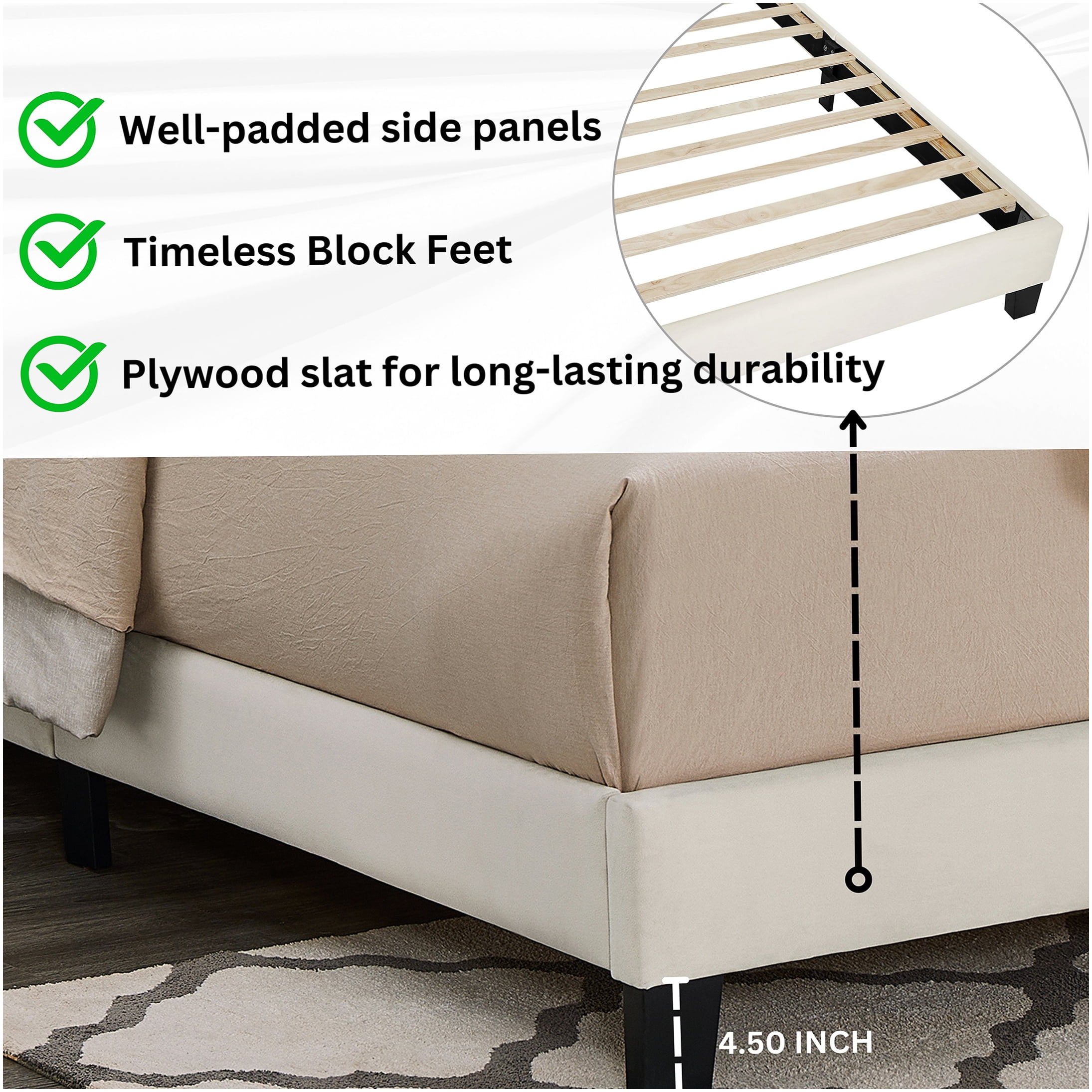 Queen Upholstered Bed Frame with Adjustable Headboard, Off-White Fabric Platform Bed, Low Profile Modern Design, No Box Spring Required