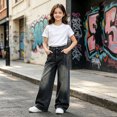 thumbnail image 2 of Glisme Little Girls Denim Pants Wide Leg Jeans With Pockets Autumn Casual Girls Baggy Trousers, 2 of 8