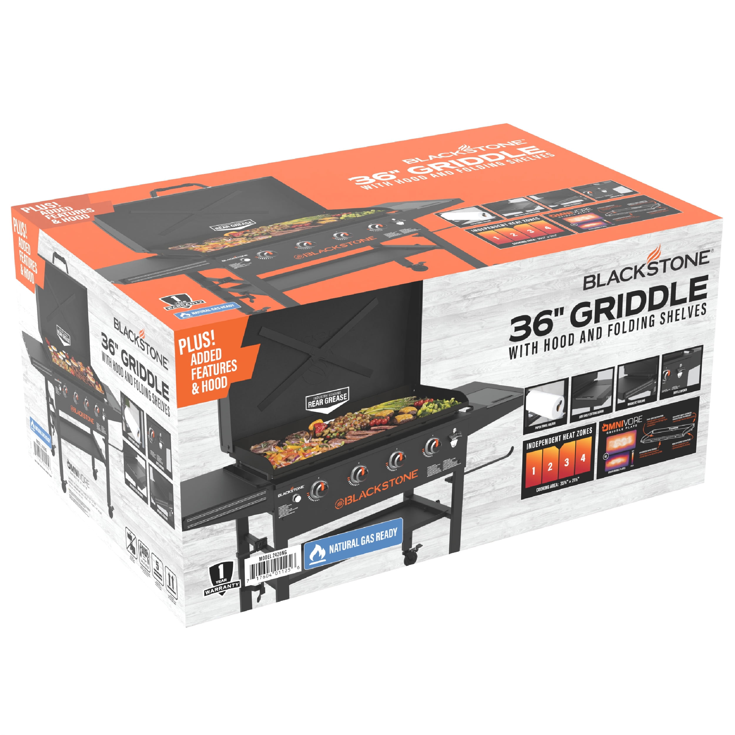 Blackstone Original 4-Burner 36" Natural Gas Omnivore Outdoor Griddle with Hood and Folding Side Shelves