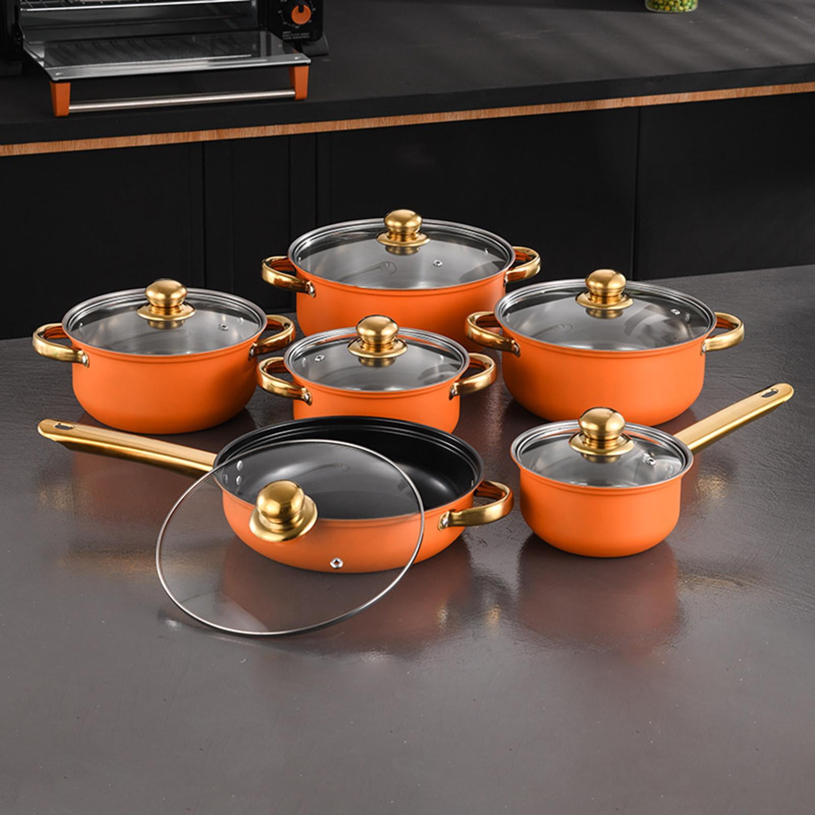 Nishiyuenyi 6 Pieces Stainless Steel Cookware Set Nonstick Pots and Pans Set for Kitchen Orange