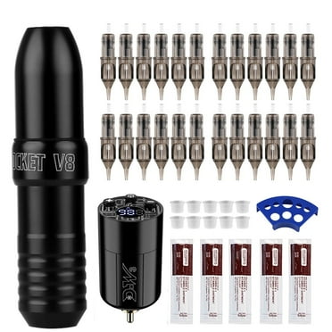 Rotary Tättoo Pen Kit, Complete Cordless Tättoo Machine Set with Wireless Power Supply, 20 Cartridges, and Accessories for Artists