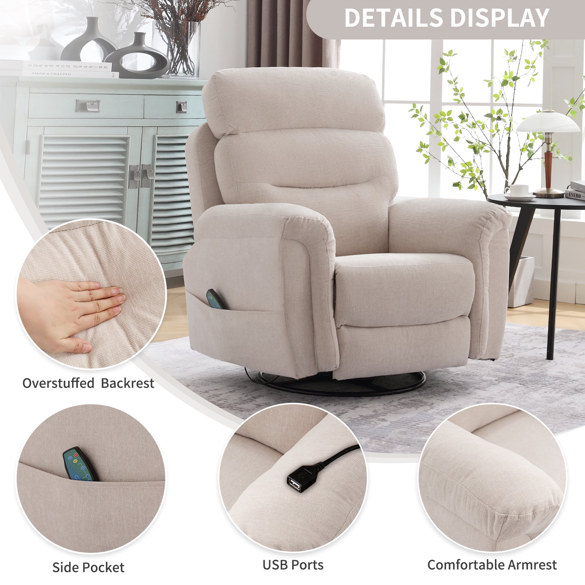 JONPONY Massage Rocker Recliner Chair with Vibration Massage and Heat for Living Room Swivel Recliner Chair with Rocking Function, Side Pocket, USB Charge Port, Beige