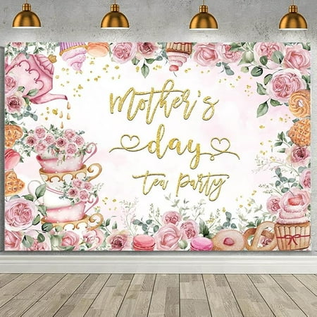 Happy Mother's Day Backdrop Tea Party Mothers Day Party Decoration Banner Pink Flower Mothers Day Photography Background Let's Partea Teacup Cupcake Decorations for Home
