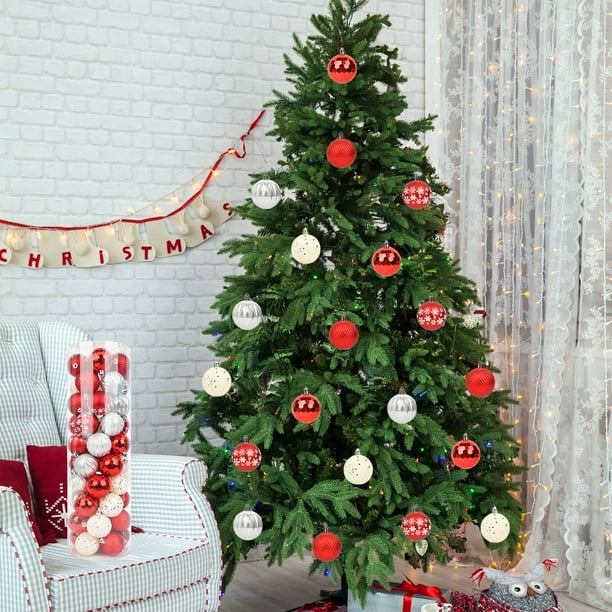 Adornos Navideños En Caja de 2,36 Pulgadas de Plástico Pintado, 50 Piezas, Bolas de Navidad con Forma de Bola, Juego de Adornos para Árbol de Navidad