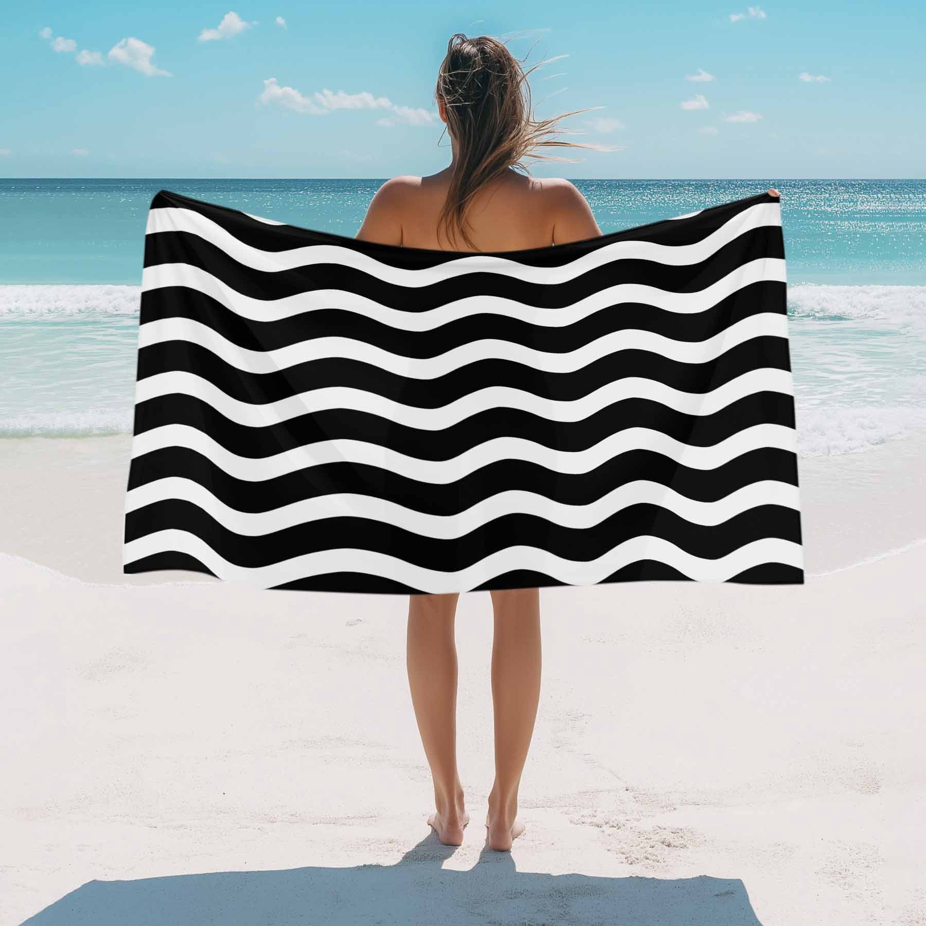 Geometric Striped Pattern Beach Towels Blanket Soft&Absorbent Quick Dry Microfiber Black and White Wave Pattern Pool Towels for Swimming ,Yoga, Sports, Gym, Camping,Large 35X70in,