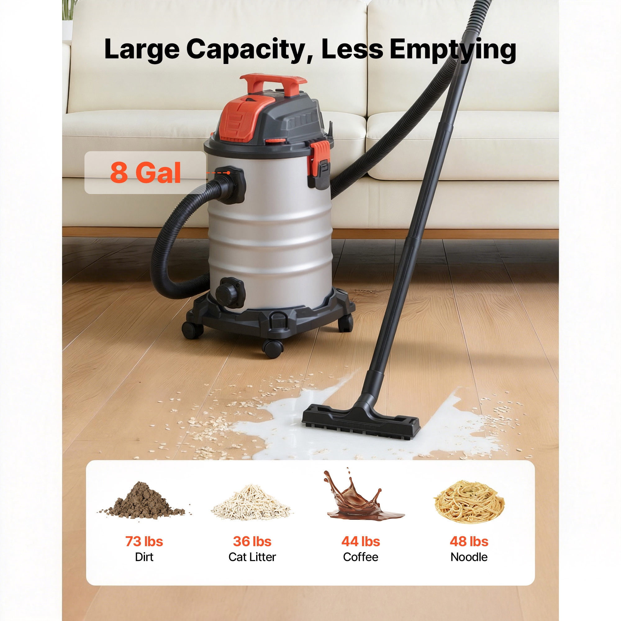 VEVOR Stainless Steel Shop Vac, 8 Gallon Wet Dry Shop Vacuum, 6 Peak HP with One-Button Self-Cleaning, Dual-Filter, 900W Input Power, 1.25in x 7ft Hose, 9.8ft Cord, Metal Tank for Jobsite, Workshop,