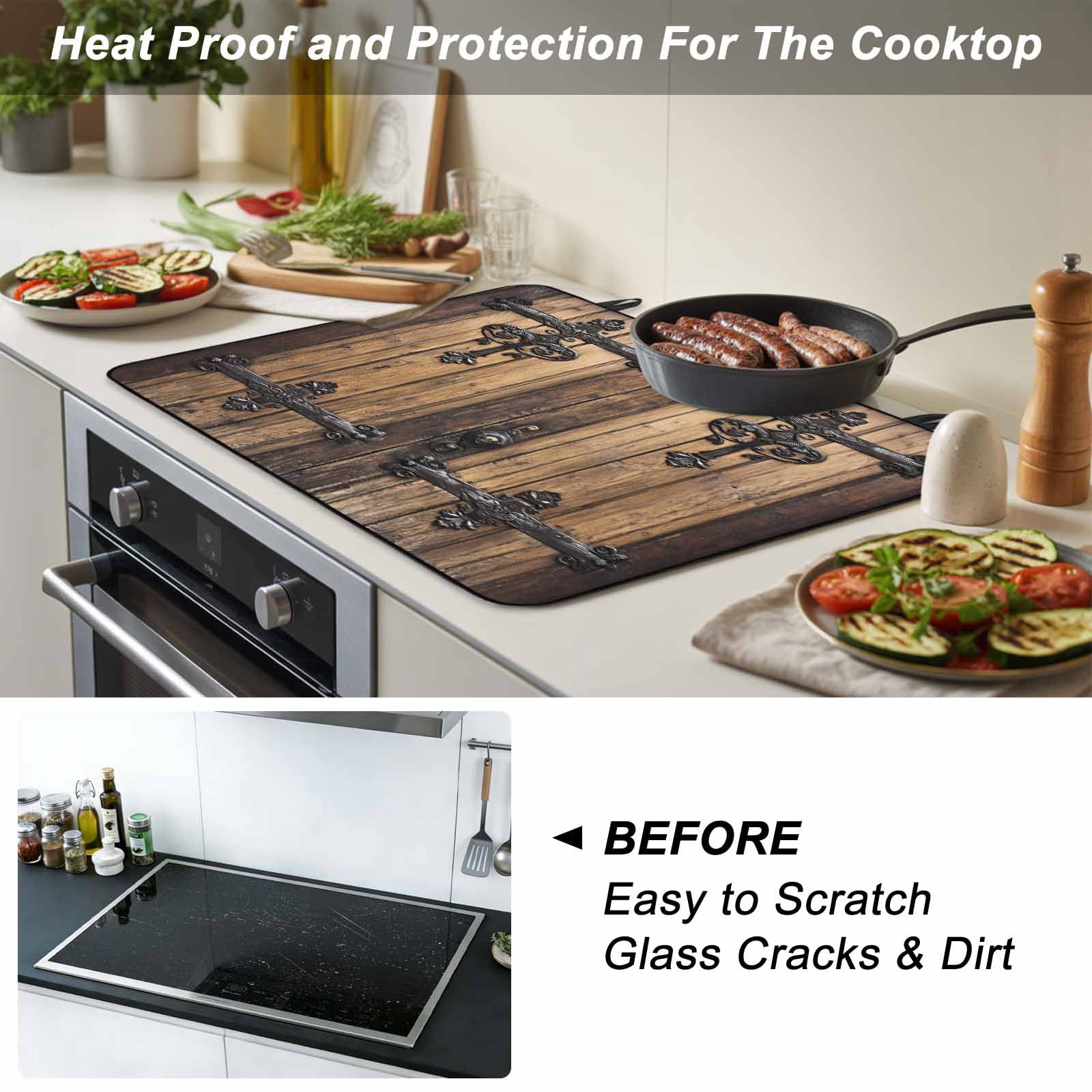 Rustic Wooden Door Stove Top Cover for Electric Stove, Heat-proof & Non Slip Glass Top Stove Cover Protector, Brown Black Farmhouse Country Vintage Kitchen Flat Cooktop Rubber Mat 24x21 Inches