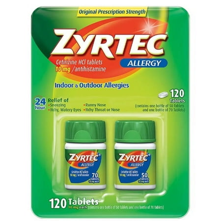 2 Packs Zyrtec 24 Hour Non-Drowsy, Allergy Relief Antihistamine Cetirizine Hcl 10 Mg, 120 Tablets