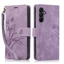 Leather For Samsung Galaxy S23 FE 5G Case Orchids&Butterflies Embossed 3-card  Flip Wallet Leather Case With Card Holder Magnetic Closure  Phone Cases Cover,Purple,For Galaxy S23 FE 5G