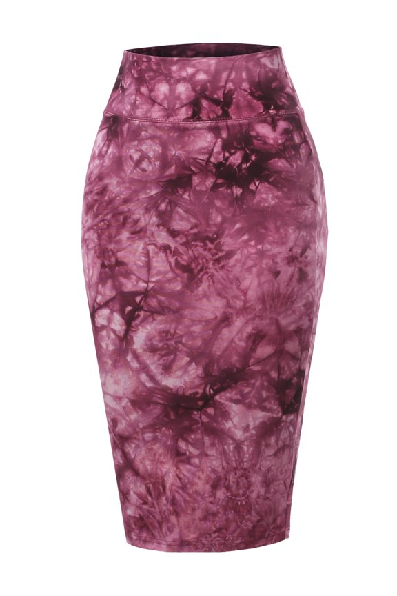 Women's Basic Solid Ponte Knee Length Slit Techno Span High Waist Pencil Skirt Tie-dye Red L