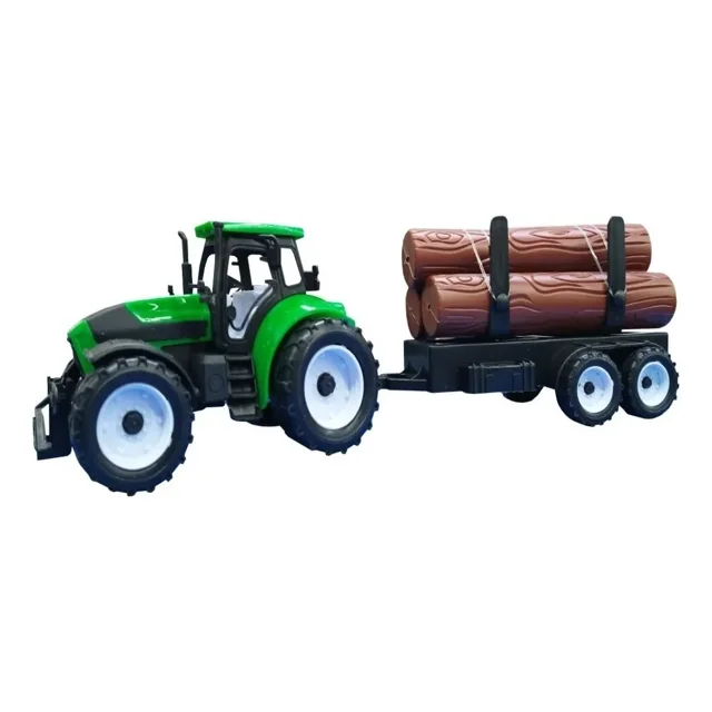 juguete tractor de granja toy mark remolque con troncos Vehículo de 35cm de largo; tractor verde con cabina abierta y ruedas de plástico estriadas y partes articuladas, remolque negro articulado con cuatro troncos simulados marrones sujetos por soportes verticales. Su tamaño compacto también lo hace adecuado para juegos de imaginación en pistas y granjas de juguete.