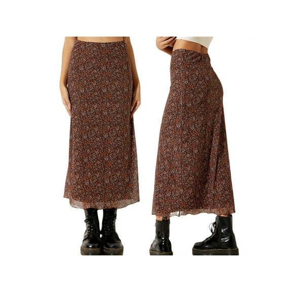 Long Skirts Women Fairy Grunge Sheer High Waist Gothic Longuette Vintage 90s Tulle Floral Print Midi Skirt
