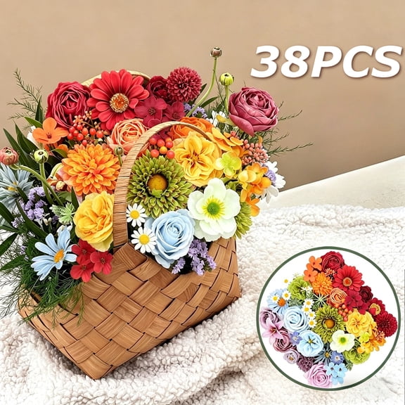 38Pcs Artificial Flowers Combo Box, Colorful Spring Fake Flowers with Sunflowers, Silk Roses, Faux Peonies, DIY Floral Arrangement for Wedding, Bridal Bouquet, Baby Shower, Party Table Decor, Rainbow