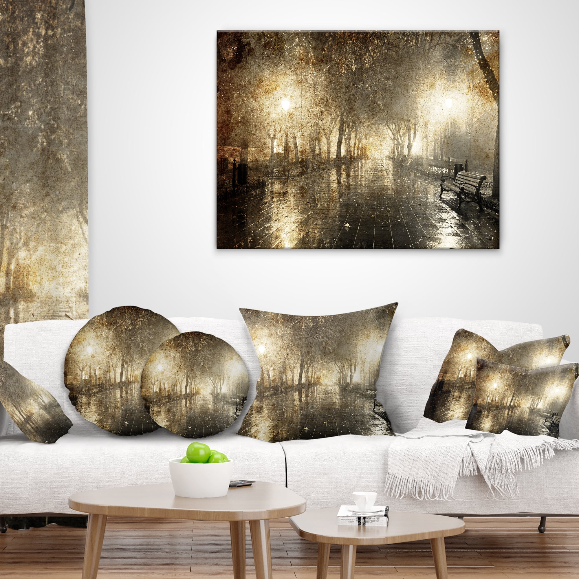 Designart Night Alley with Lights - Photography Landscape Printed Throw Pillow - 18x18