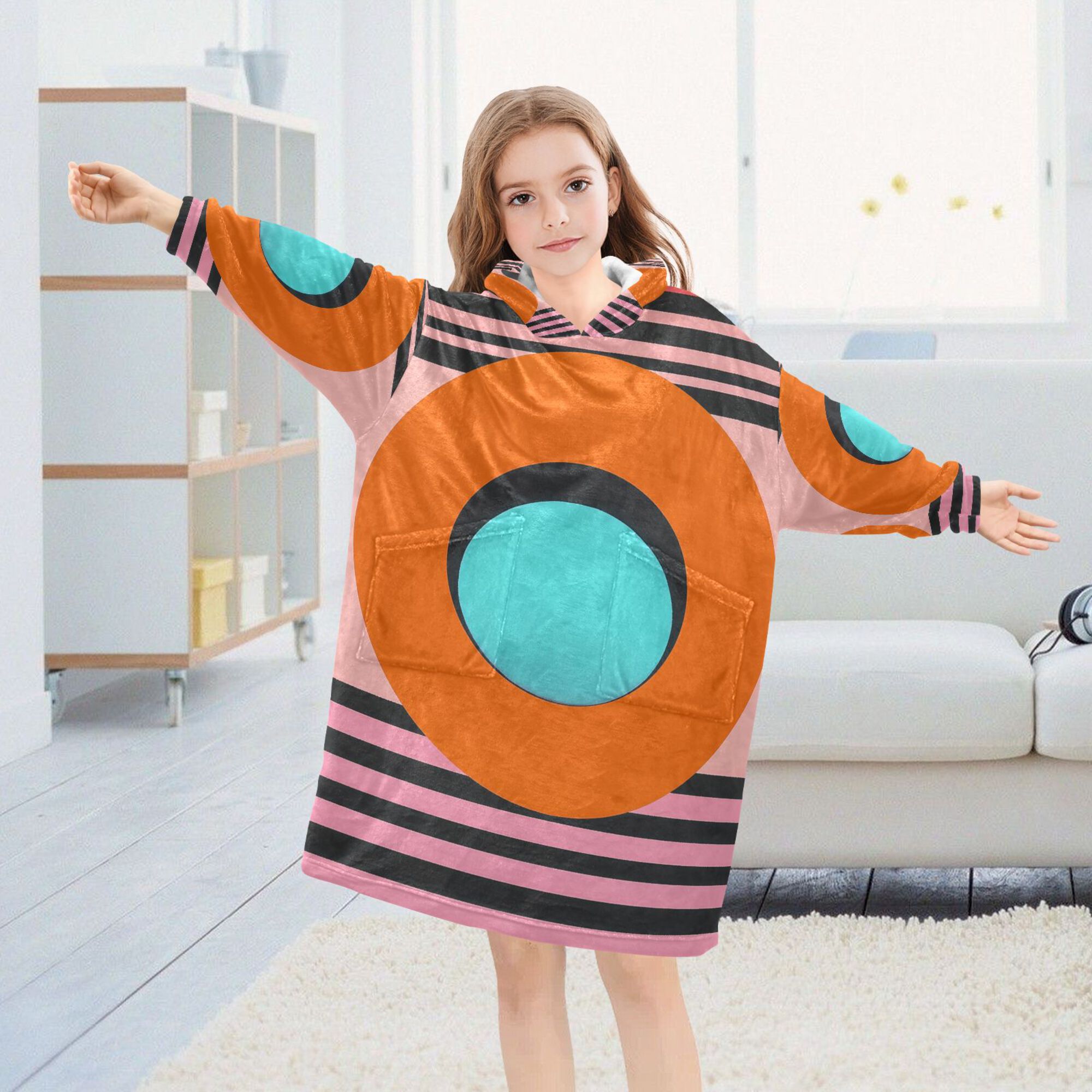 FORMRS Wearable Blanket Hoodie with Sleeves for Kids Cozy Flannel Sweatshirt, Orange Circle