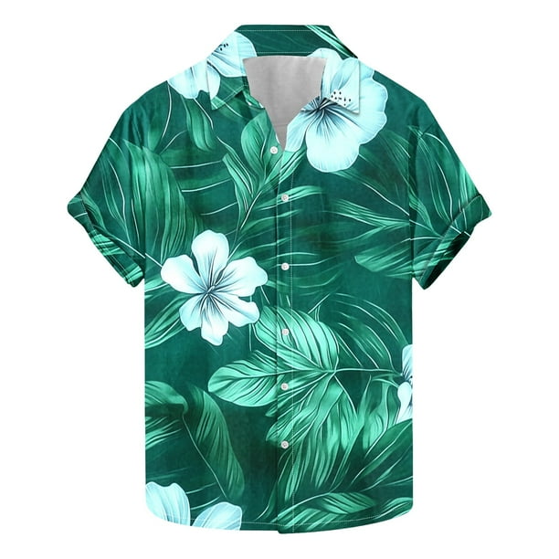 Camisas Hawaianas de los Hombres de Moda Casual Floral Impresión de Manga Corta Solapa Botón Arriba, Ligero para Primavera Verano