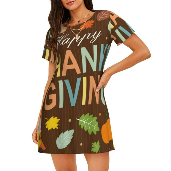 Logiee Happy Thanksgiving With Gnome Print Nightgowns for Women,Soft Short-Sleeved Lightweight Sleepwear, Loose Sleepshirts
