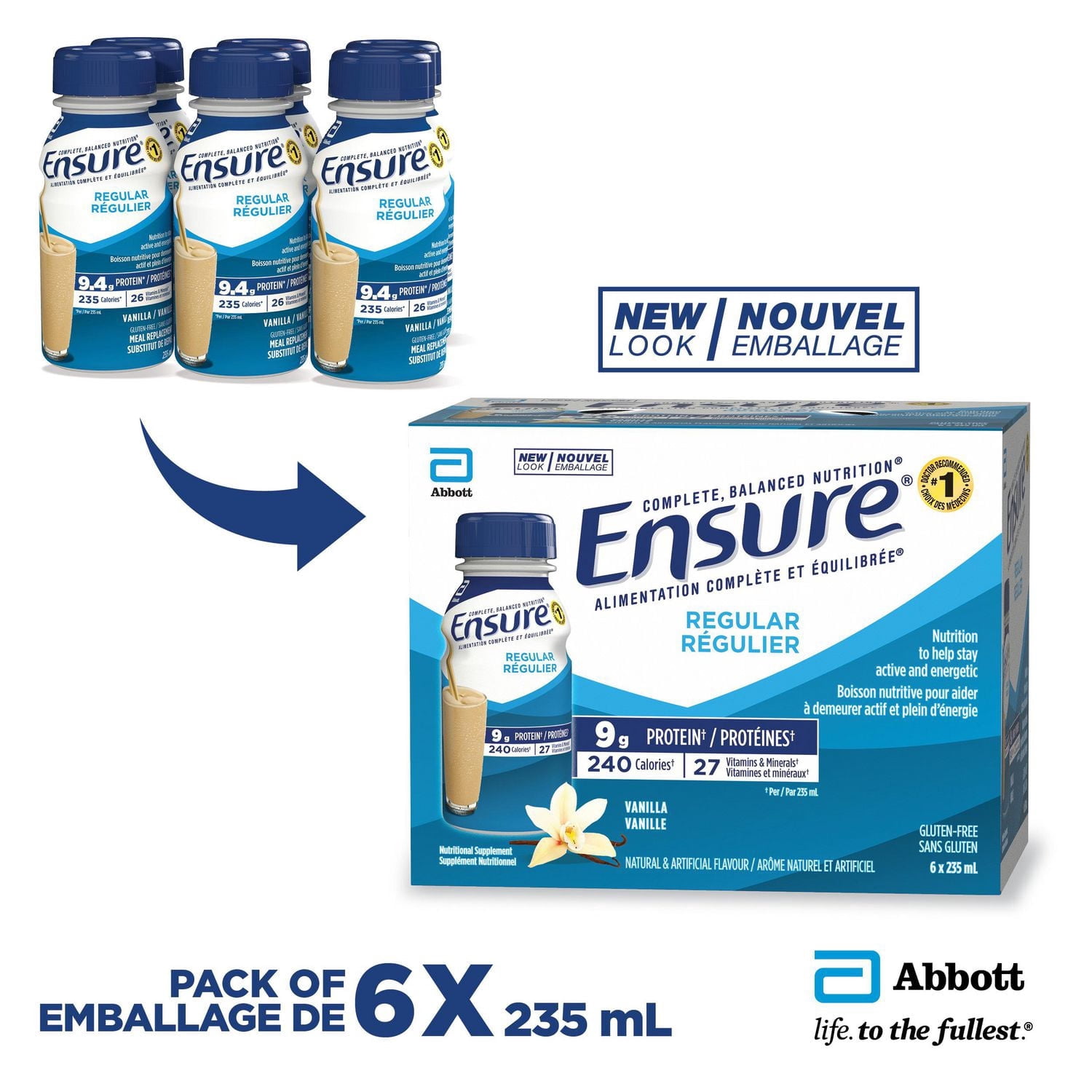 Ensure Régulier, Supplément Nutritionnel, Alimentation Pour Rester Actif Et Plein d'Énergie, Vanille, 6 Bouteilles De 235 mL