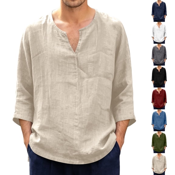 Linen Shirts for Men Boho 3/4 Sleeve V Neck T Shirts Summer Casual Beach Loose Fit Tees, 2XL