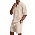 thumbnail image 2 of CIENVNSTG Mens 2 Piece Outfits Waffle Knit Outfit Half Zip Polo Shirt Summer Short Sleeve Shorts Sports Set, 2 of 8