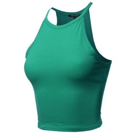 Neck Crop Top - FashionOutfit Women's Solid Cotton Based High Neck Spaghetti Strap Crop Tank Top