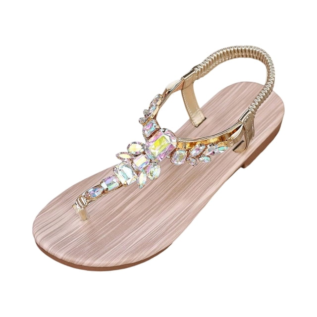 Wedge Sandals For Women Sparkly Rhinestone Elastic Ankle Strap Flip Flops Comfortable Orthopedic Casual Summer Sandals, 41