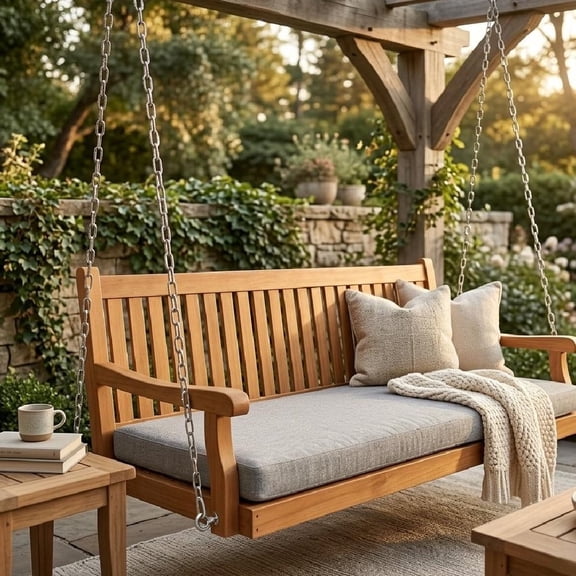 Innovaze 6 FT Wooden Porch Swing Bed with Thick Cushion, Outdoor Hanging Daybed for Patio, Porch & Garden, Solid Fir Wood, 1000 LB Capacity, Teak Tone