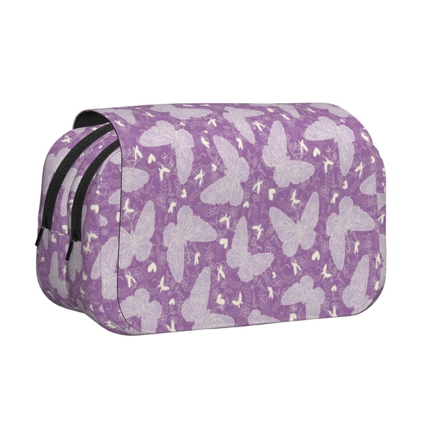 Disketp Purple Butterflies Floral Estuche de Lápices de Doble Capa con Tapa Abatible y Cremallera, Organizador Escolar para Adolescentes y Adultos