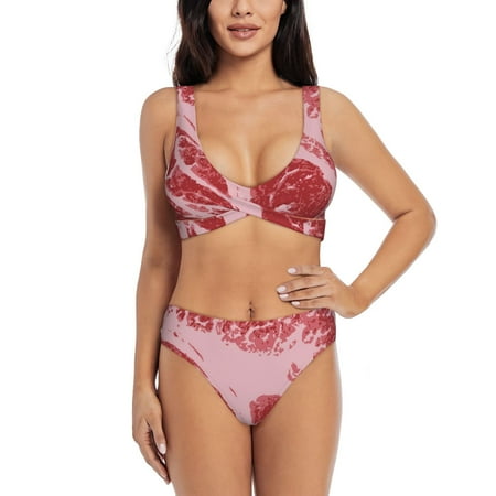 Zeuib Striped Meat High Waisted Tummy Control Bikini Set - Knot Front Push Up Top & Cheeky Thong Bottom  Two-Piece Swimsuit for Women-Large