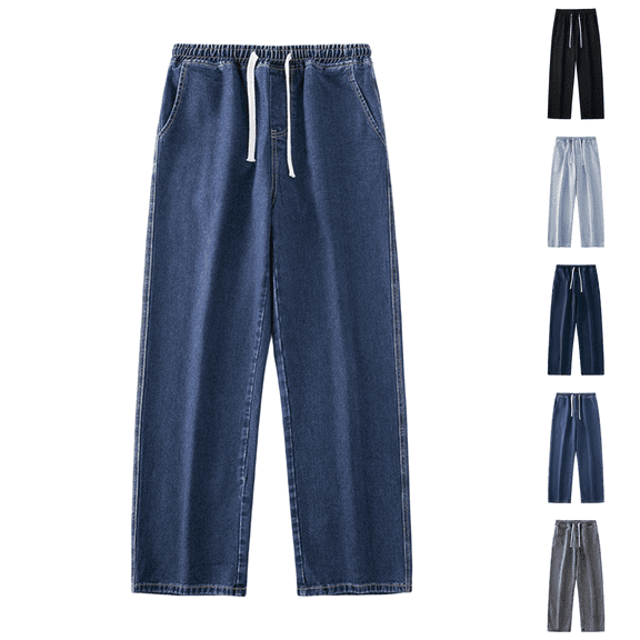 Men's Regular Fit Straight Leg Baggy Jeans Drawstring Elastic Waist Loose Fit Y2K Denim Pants with Pockets Dark Blue 2XL