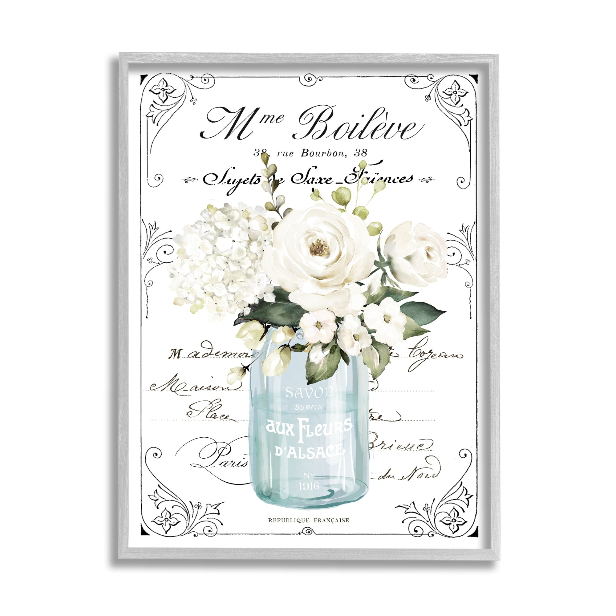 Stupell Industries Vintage Parisian Floral Bouquet White Farmhouse Flowers, 24 x 30,Design by Lettered and Lined
