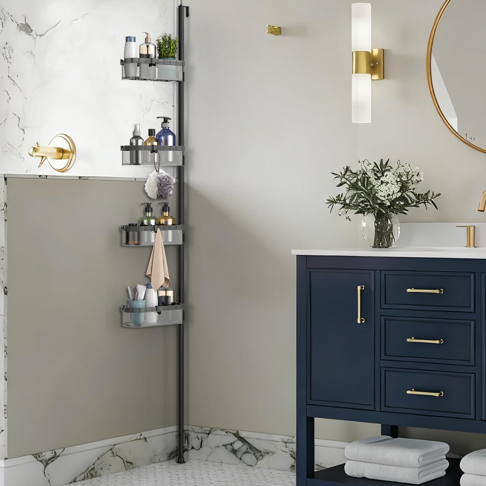 4-Tier Bathroom Tension Pole Shelf, 74.1in Adjustable Ceiling to Floor Storage Organizer for Shower Toiletries, Shampoo, Bath Essentials, Drill-Free Corner Shelf