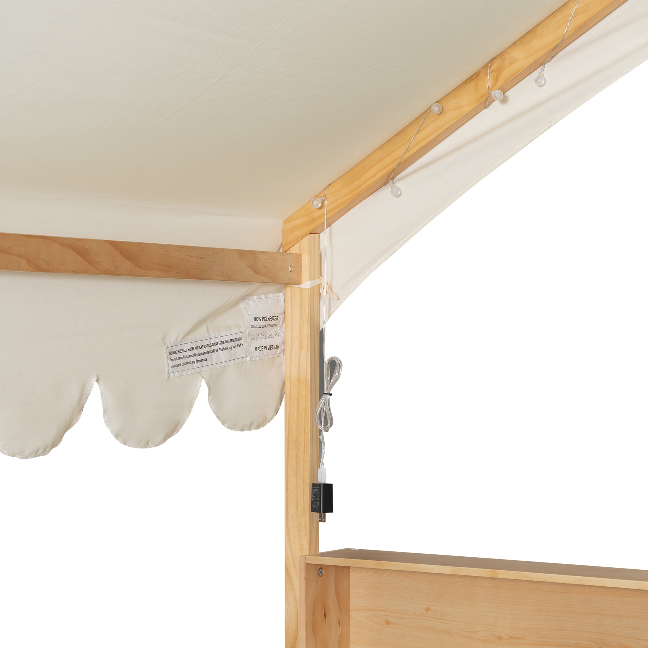 Noble House Larissa Full Size House Bed with Fence and LED Lights, Wooden Floor Bed, Heavy Duty, Natural and Beige