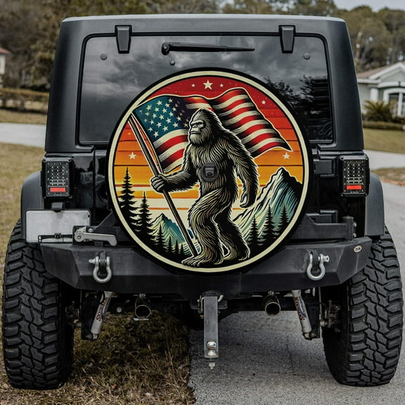 Lotusprinthandmade Patriotic Bigfoot with America Flag Spare Tire Cover With Backup Camera Hole 6 Sizes (27 in.), bigfoot car tire cover