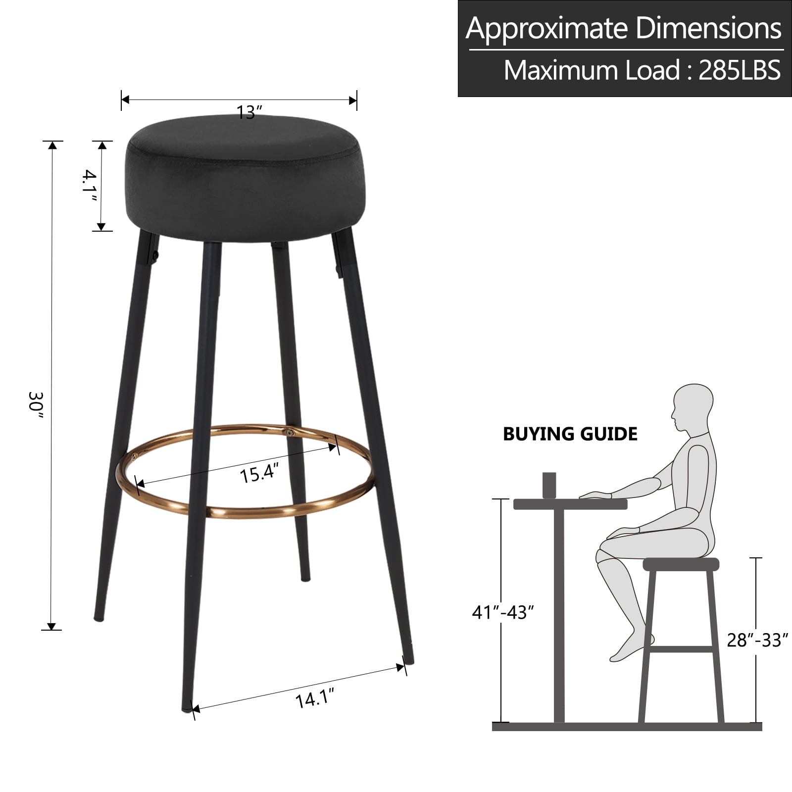 Duhome Elegant Lifestyle Modern 30" Round Velvet Bar Stool Upholstered Kitchen Counter Stool Set of 2 Black