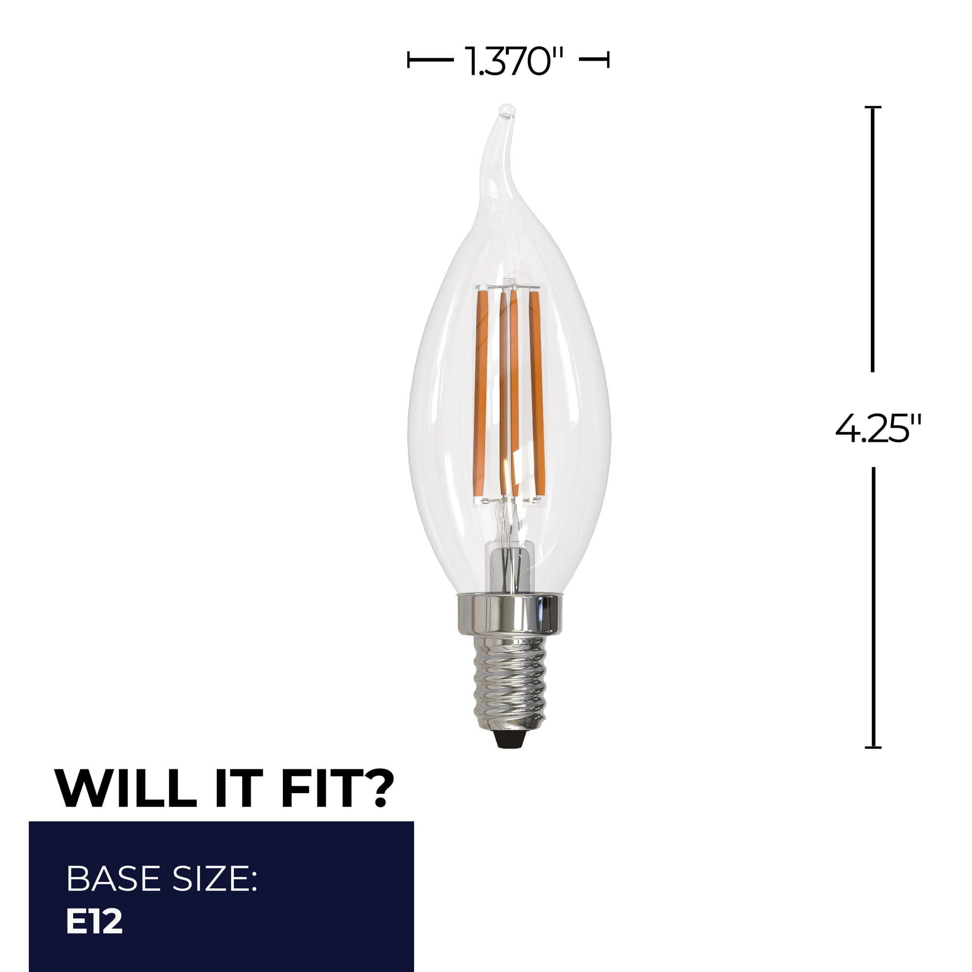 Bulbrite 862857 2700K 750 Lumen 6.5 watt LED Filament Dimmable CA10 Light Bulbs with a Clear & Candelabra E12 Base, Warm White - Pack of 4