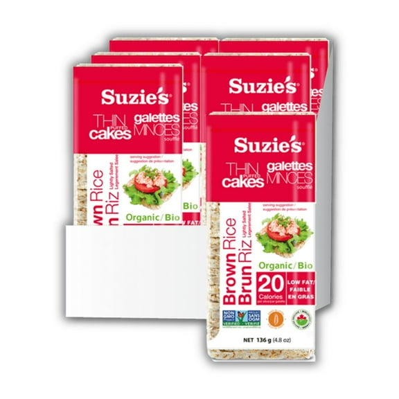 Suzie's Organic Brown Rice Cake Thins|6 Pack|Lightly Salted Low Sodium|USDA Organic, NON-GMO, Fat-Free, Sugar-Free, Gluten-Free|Low-Calorie Snack-21 Calories Per Slice|Bread & Cracker Replacement