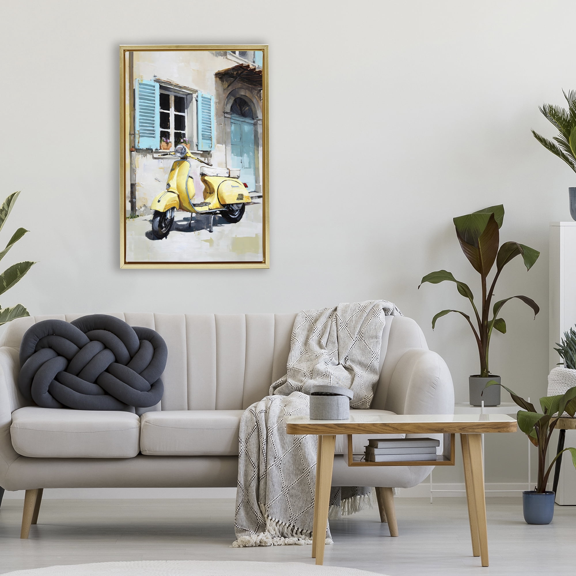 Stupell Industries Sunny Day Scooter Ride Gold Framed Floater Canvas Wall Art, design by Petal Prints Design