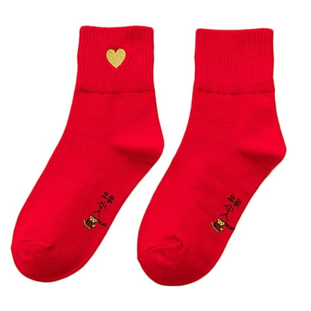 

AOOOWER Women Chinese Cotton Crew Socks Red Lucky Mouse Fu Pattern Embroidery Hosiery
