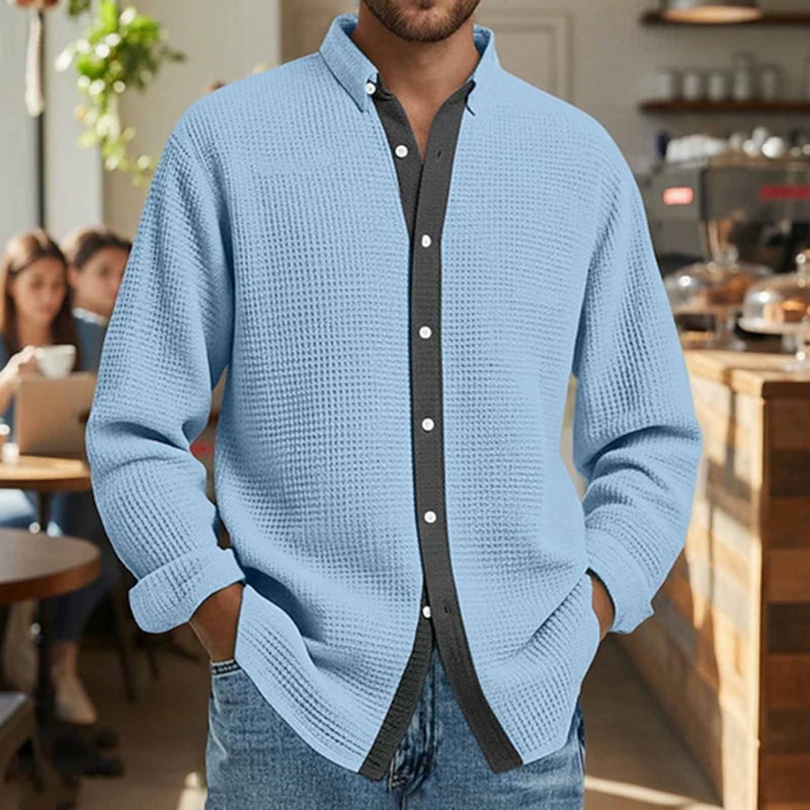 Long Sleeve Shirts for Men, Men's Button Down Waffle Textured Shirt Casual Long Sleeve Lapel Neck Wrinkle Free Untucked Shirts Fashion Clothes