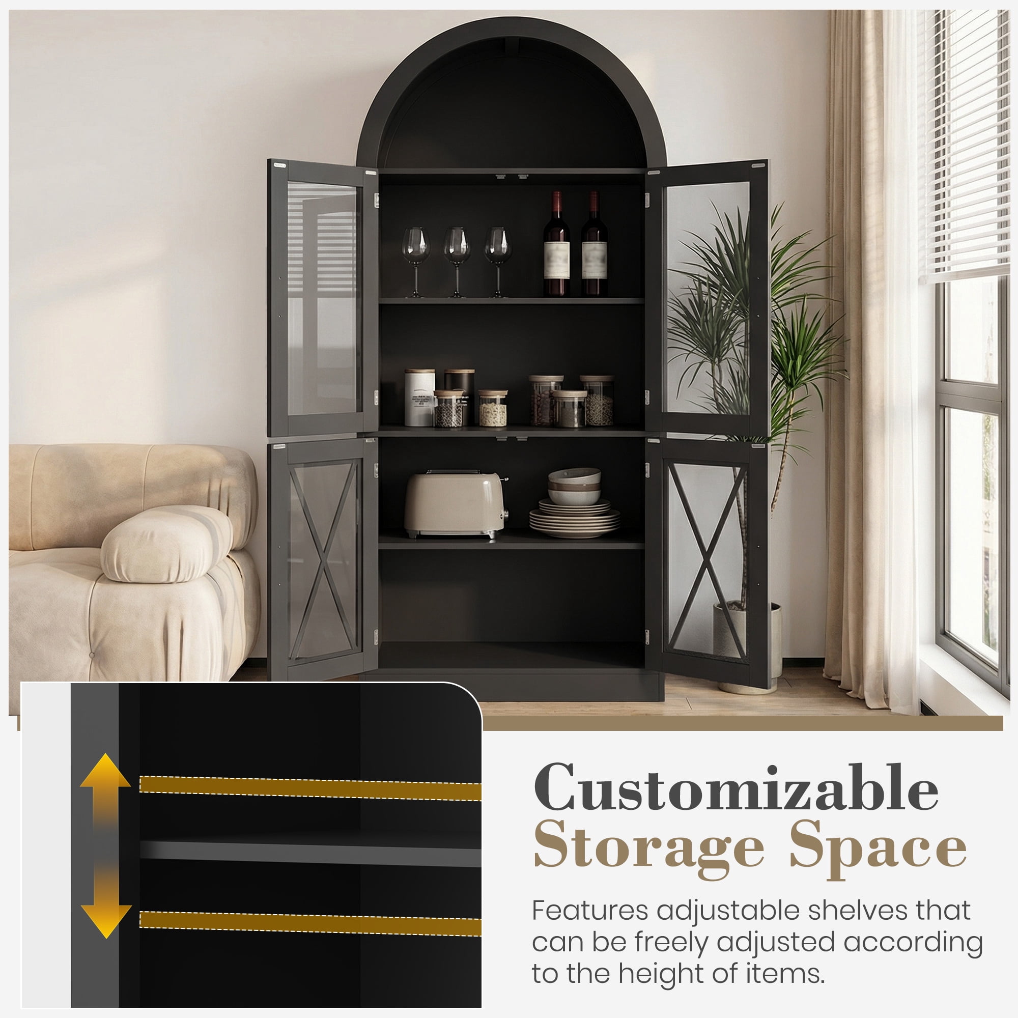 70" Tall Farmhouse Arched Display Cabinet with LED Lighting, Glass Door Storage Cabinet for Living Room or Kitchen Pantry, Black
