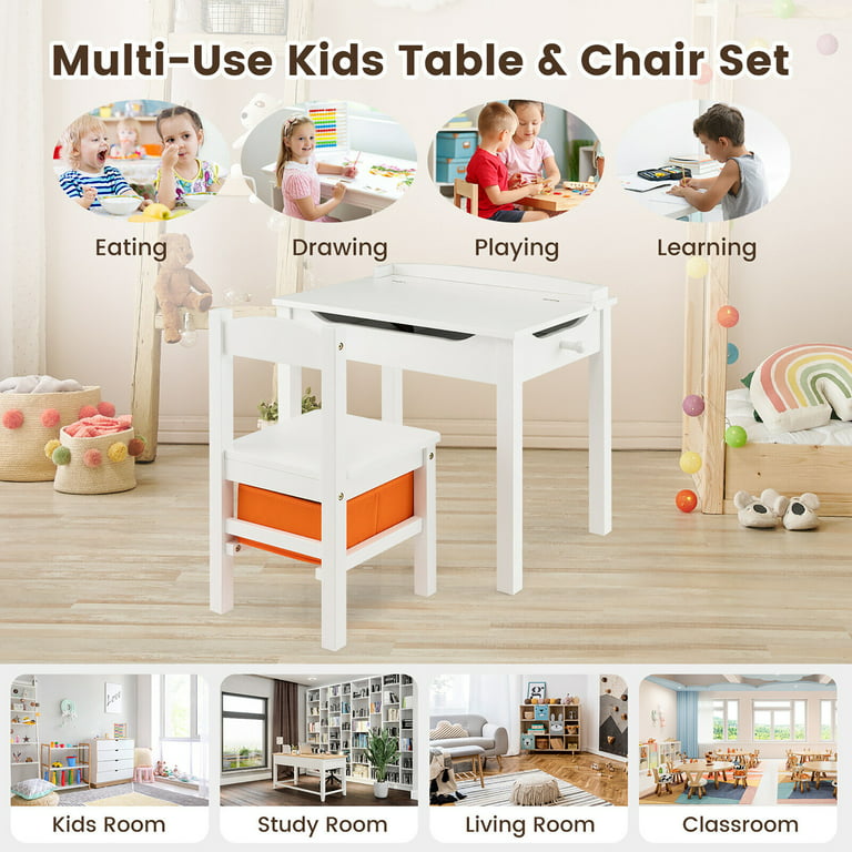 Gymax Kids Table and Chair Set Wood Activity Study Desk w/ Storage Drawer  Hook White 