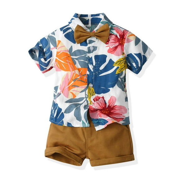 Delliss Boys Hawaiian Outfits Tropical Print Button Down Shirt casual pants 2 Piece Sets