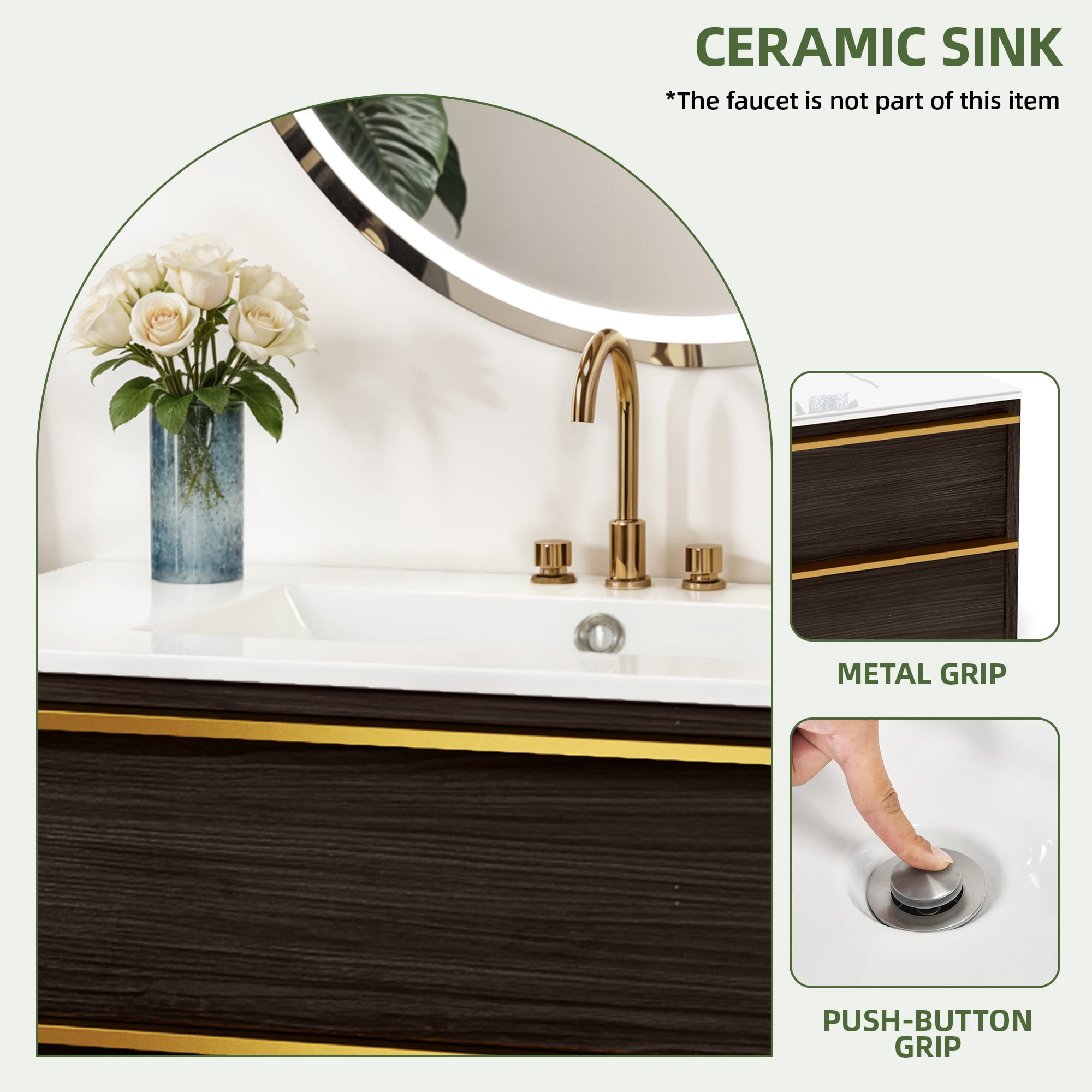 Uforic 36" Bathroom Vanity Floating Wall Mounted Single 2 Drawers, Ceramic Vanity Tabletop, Bathroom Cabinet with Storage Cabinet for Washroom, Black and White